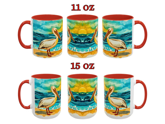 Two sets of mugs with pelican design, one set labeled 11 oz and the other 15 oz, on a white background.