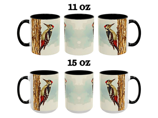 Set of six mugs with woodpecker design, two sizes labeled 11 oz and 15 oz.