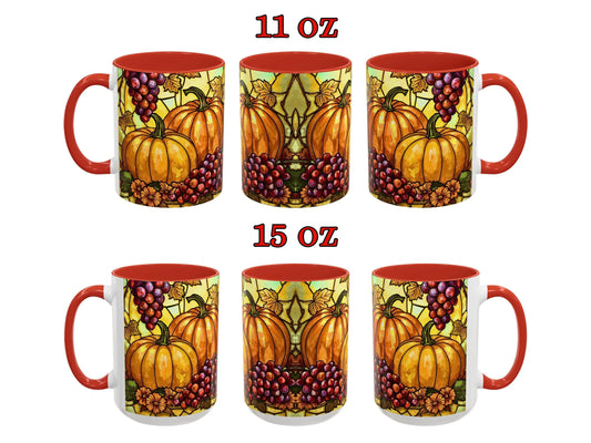 Set of two mugs with pumpkin and grape design, one 11 oz and one 15 oz, on a white background.