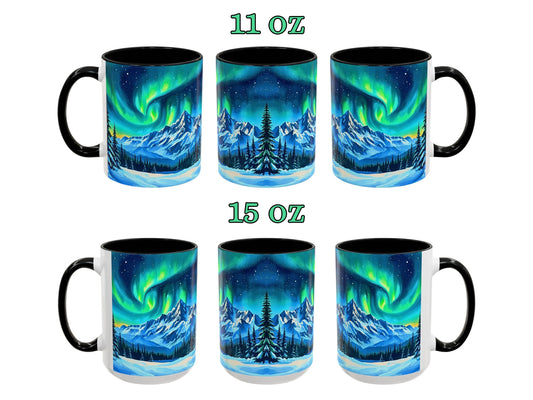 Set of two mugs with Northern Lights design, one 11 oz and one 15 oz, on a white background.