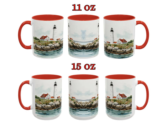 Two sets of mugs with lighthouse design, one set 11 oz and the other set 15 oz, on a white background.