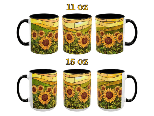 Set of six mugs with sunflower design, two sizes labeled 11 oz and 15 oz.