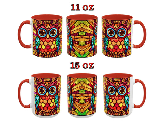 Set of colorful owl mugs with different sizes on a white background