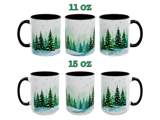 Set of six mugs with forest design, two sizes labeled 11 oz and 15 oz.