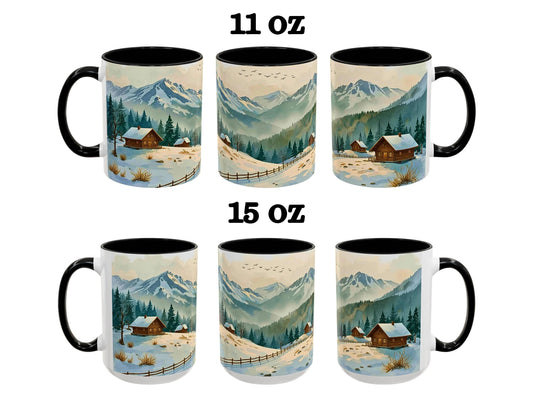 Set of five mugs with mountain and cabin design, labeled 11 oz and 15 oz.