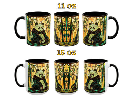 Set of six mugs with panda design, two sizes labeled 11 oz and 15 oz.