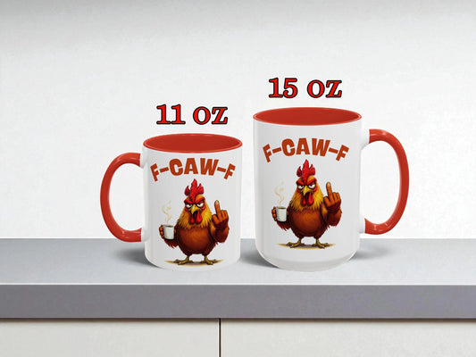 Two mugs with cartoon rooster design and 'F-CAW-F' text on a white background.