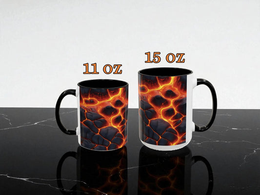 Two mugs with lava design on a black marble surface, labeled 11 oz and 15 oz.