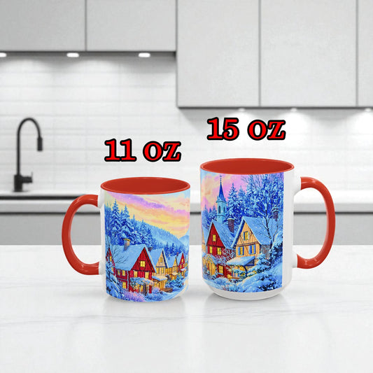 Two mugs with winter scene design on a kitchen counter, labeled 11 oz and 15 oz.
