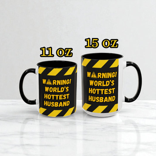 Two mugs with warning labels on a white background