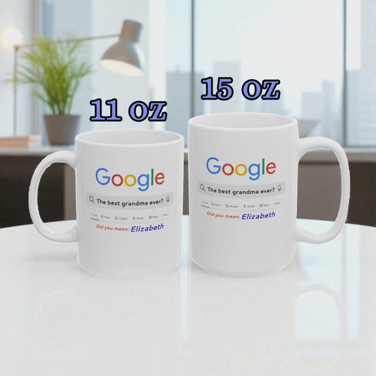 Two mugs with Google logo and text on a table, one labeled 11 oz and the other 15 oz.