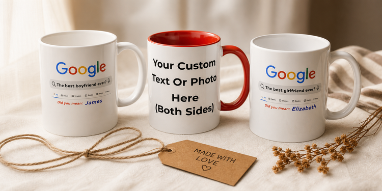 Three personalized custom ceramic mugs on cream linen with kraft gift tag and twine, CosyMugsShop custom mug collection