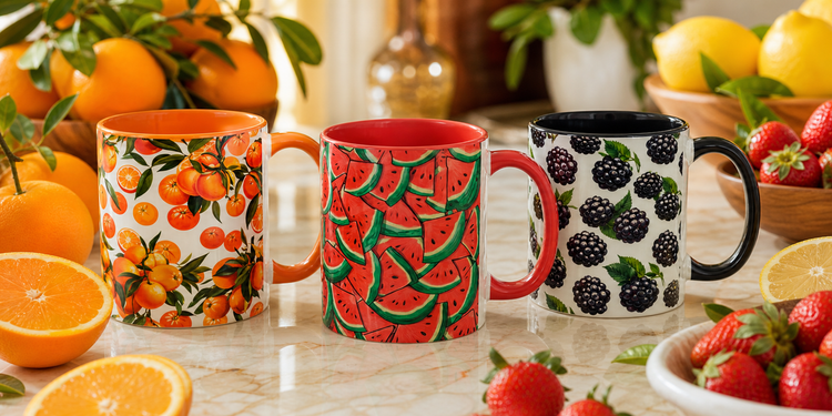 Three fruit-themed ceramic coffee mugs on marble countertop surrounded by fresh oranges lemons and strawberries, CosyMugsShop