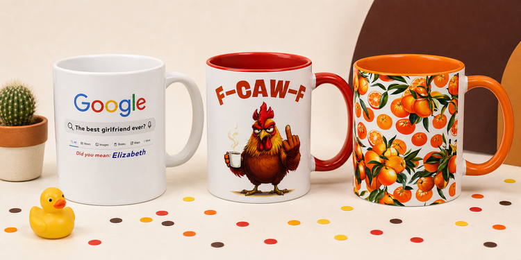Three quirky funny ceramic coffee mugs on cream surface with cactus rubber duck and confetti, CosyMugsShop novelty mugs