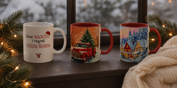 Three Christmas ceramic mugs on a frosted windowsill with pine branches and amber fairy lights, holiday mugs at CosyMugsShop