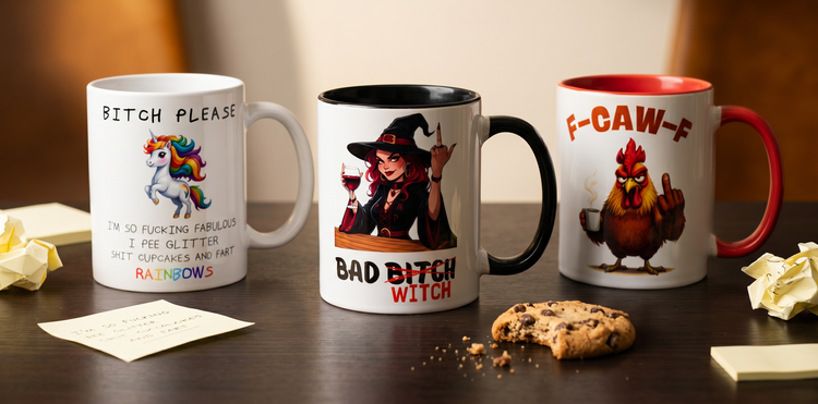 Three funny sarcastic ceramic coffee mugs on a dark wooden desk with sticky notes, warm amber tones, CosyMugsShop collection