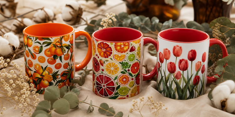 Three floral botanical ceramic mugs with eucalyptus sprigs and wildflowers on cream linen, CosyMugsShop flower mug collection