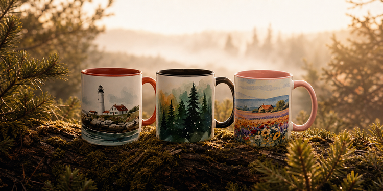 Three nature landscape ceramic mugs on a mossy log with pine branches and morning mist, outdoor themed mugs at CosyMugsShop