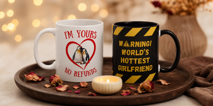 Two romantic ceramic mugs on a walnut tray with dried rose petals and cream candle, couples gift mugs at CosyMugsShop