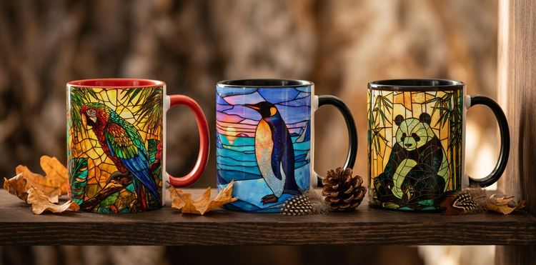 Three animal and bird themed ceramic mugs on a wooden shelf with feathers and pinecone, wildlife mug collection at CosyMugsShop