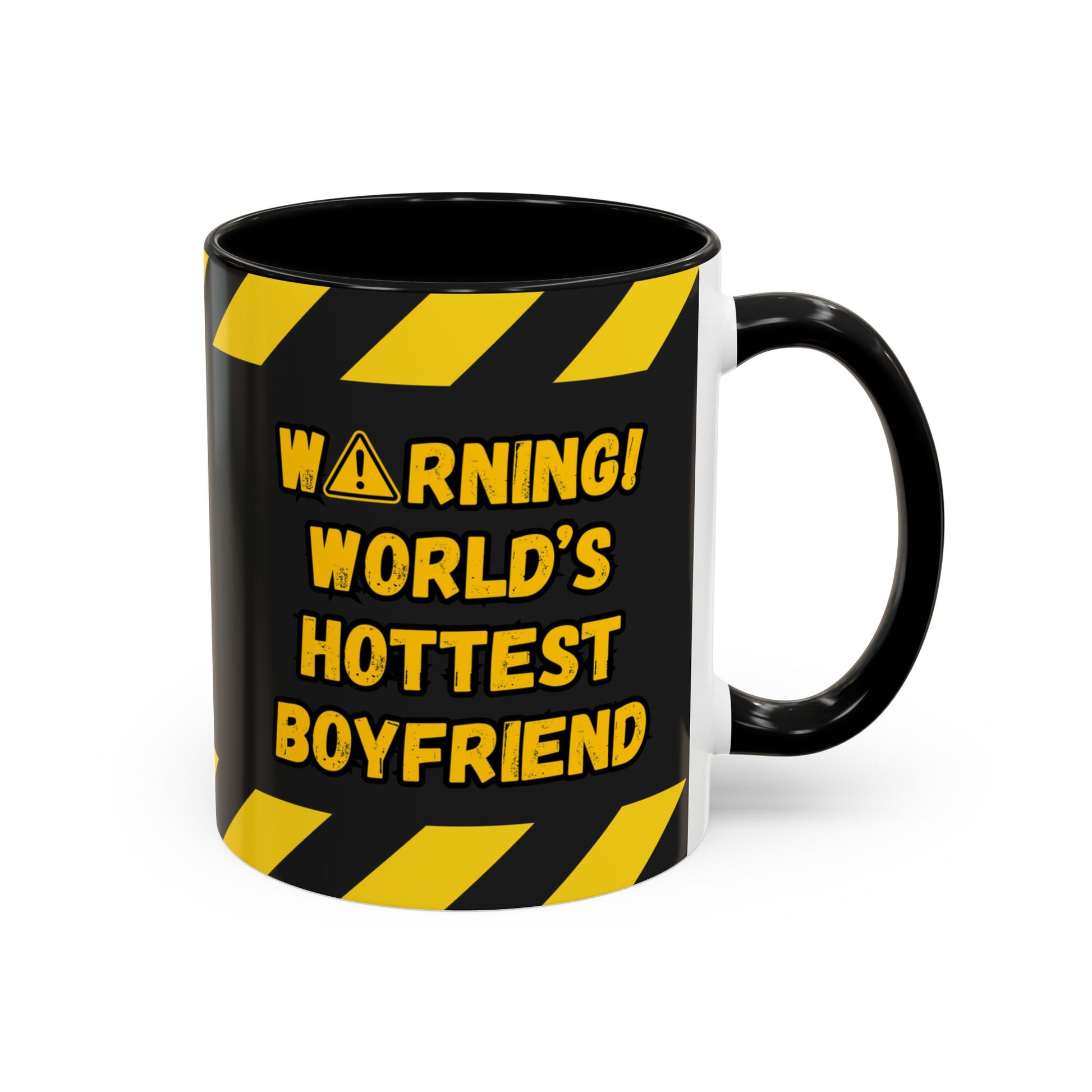 Black mug with yellow warning text on a white background