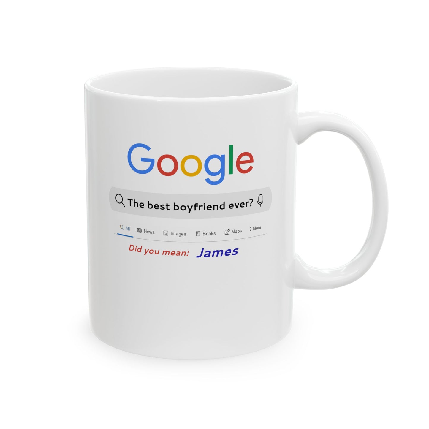 White mug with a Google-themed design on a white background