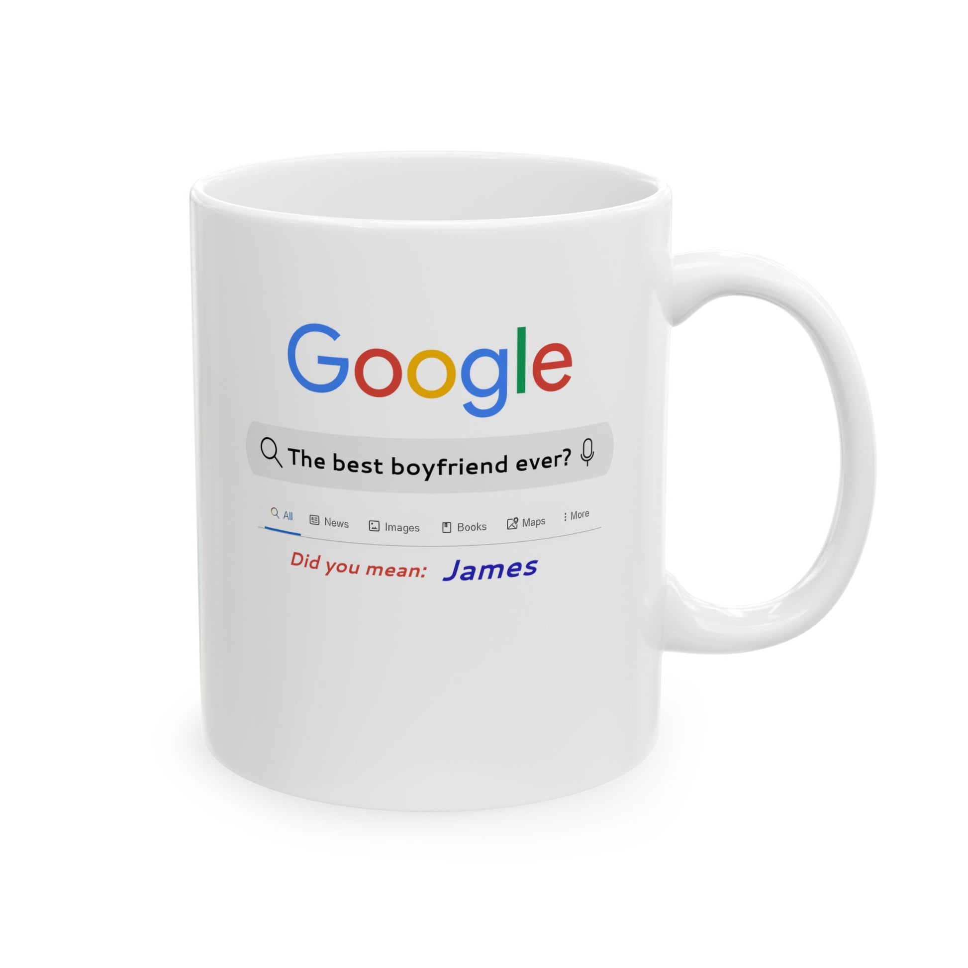 White mug with a Google-themed design on a white background
