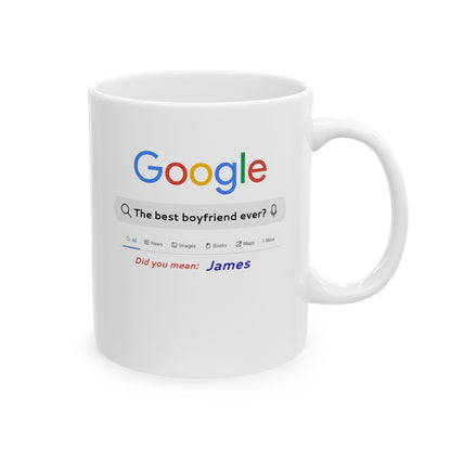 White mug with a Google-themed design on a white background