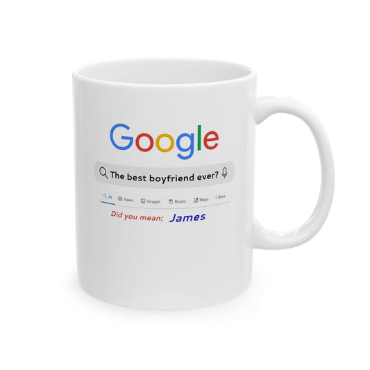 White mug with a Google-themed design on a white background