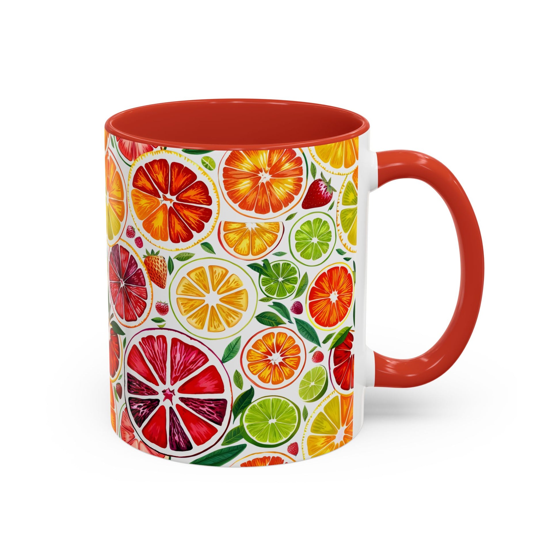 Mug with colorful citrus fruit pattern on a white background