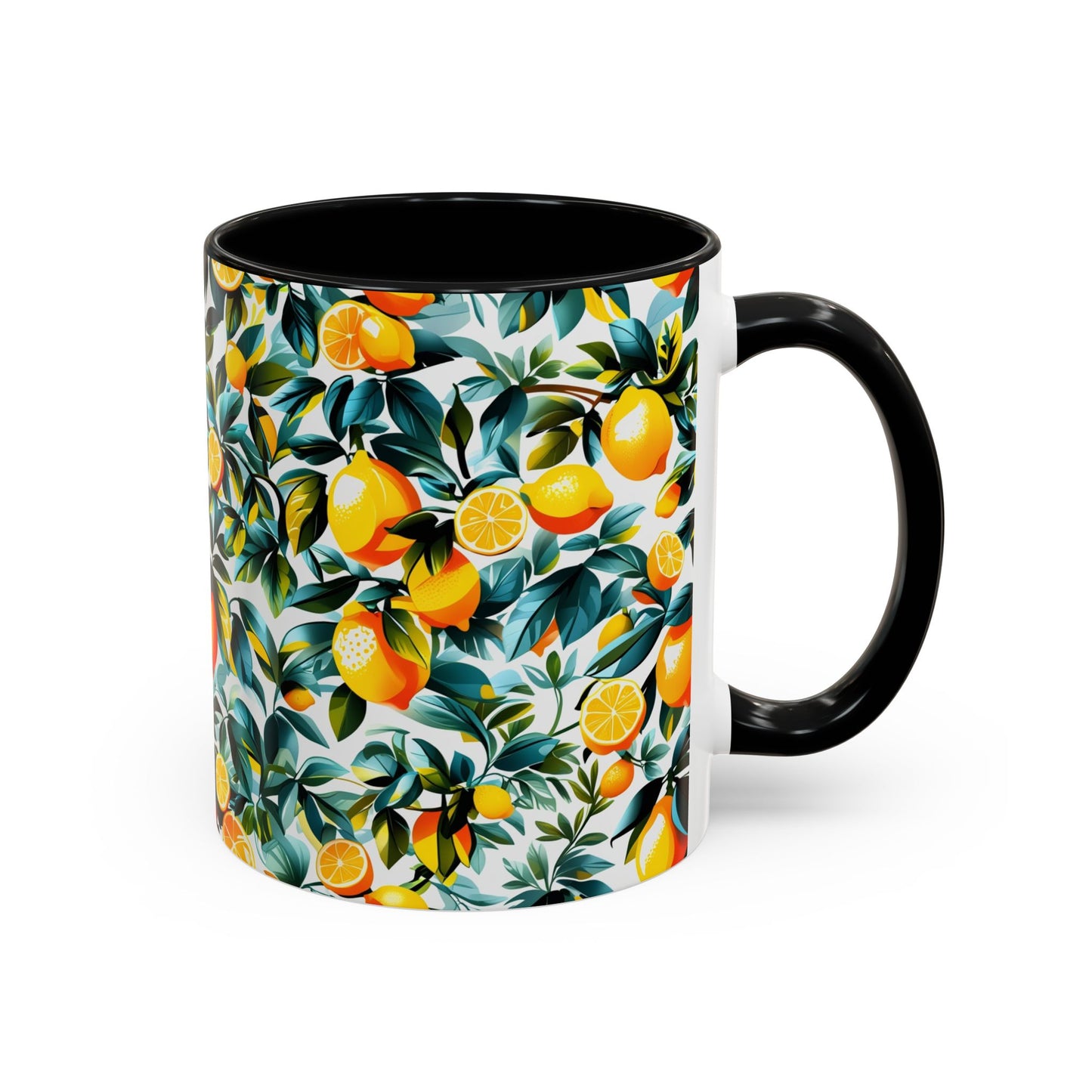 Mug with lemon and leaf pattern on a white background