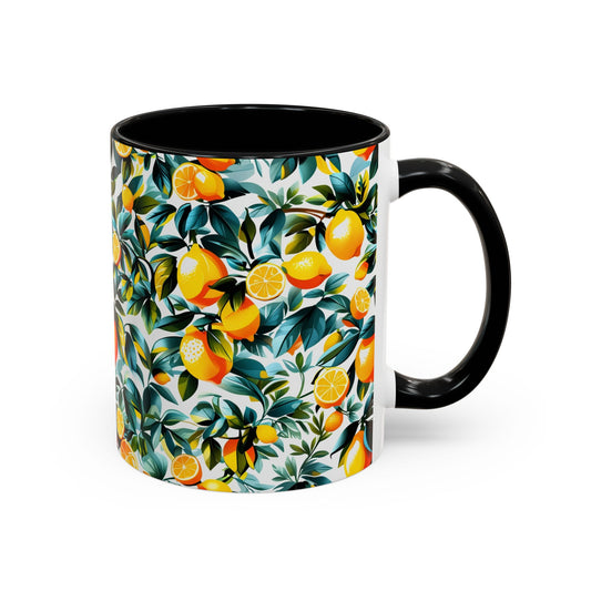 Mug with lemon and leaf pattern on a white background