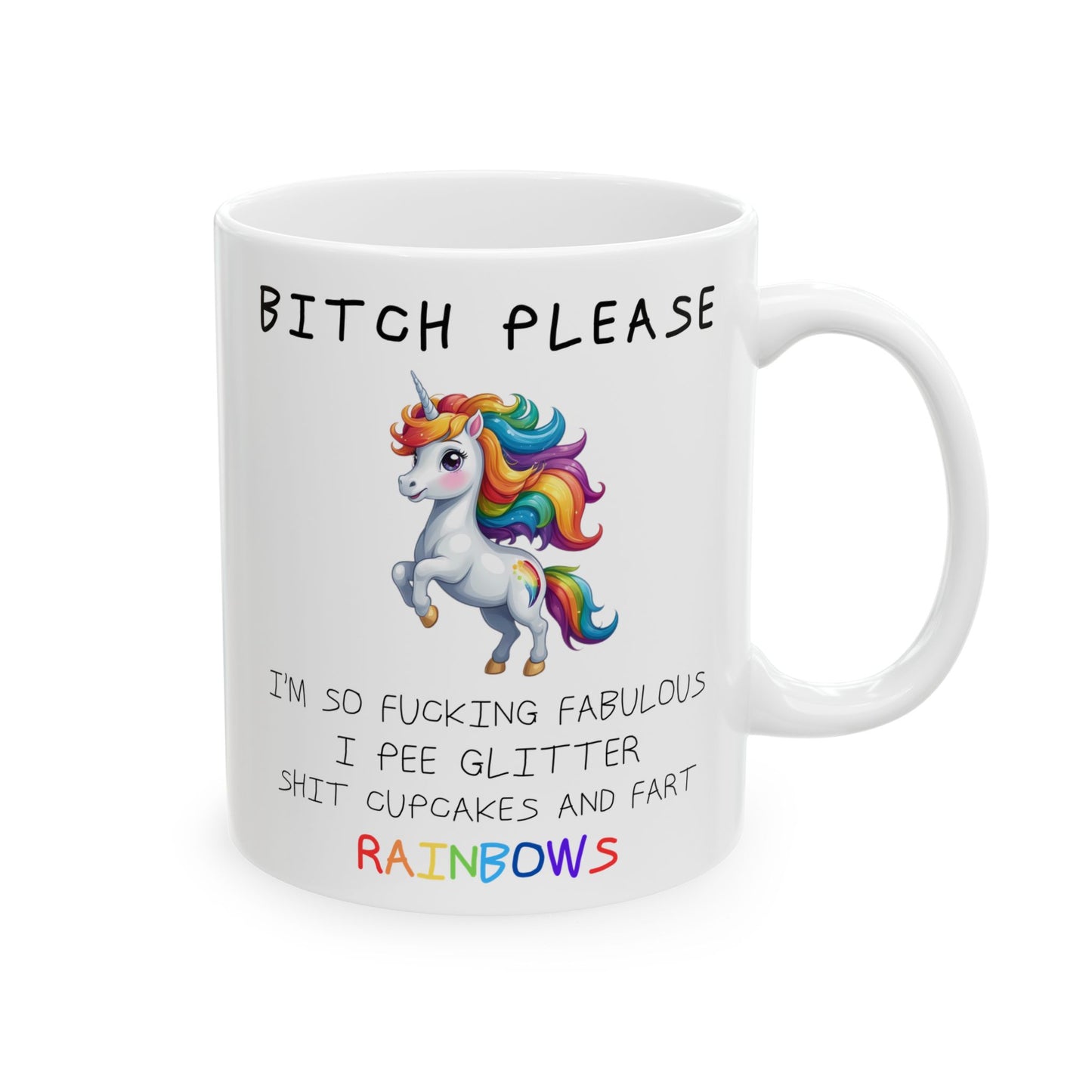 Mug with a colorful unicorn design and text on a white background