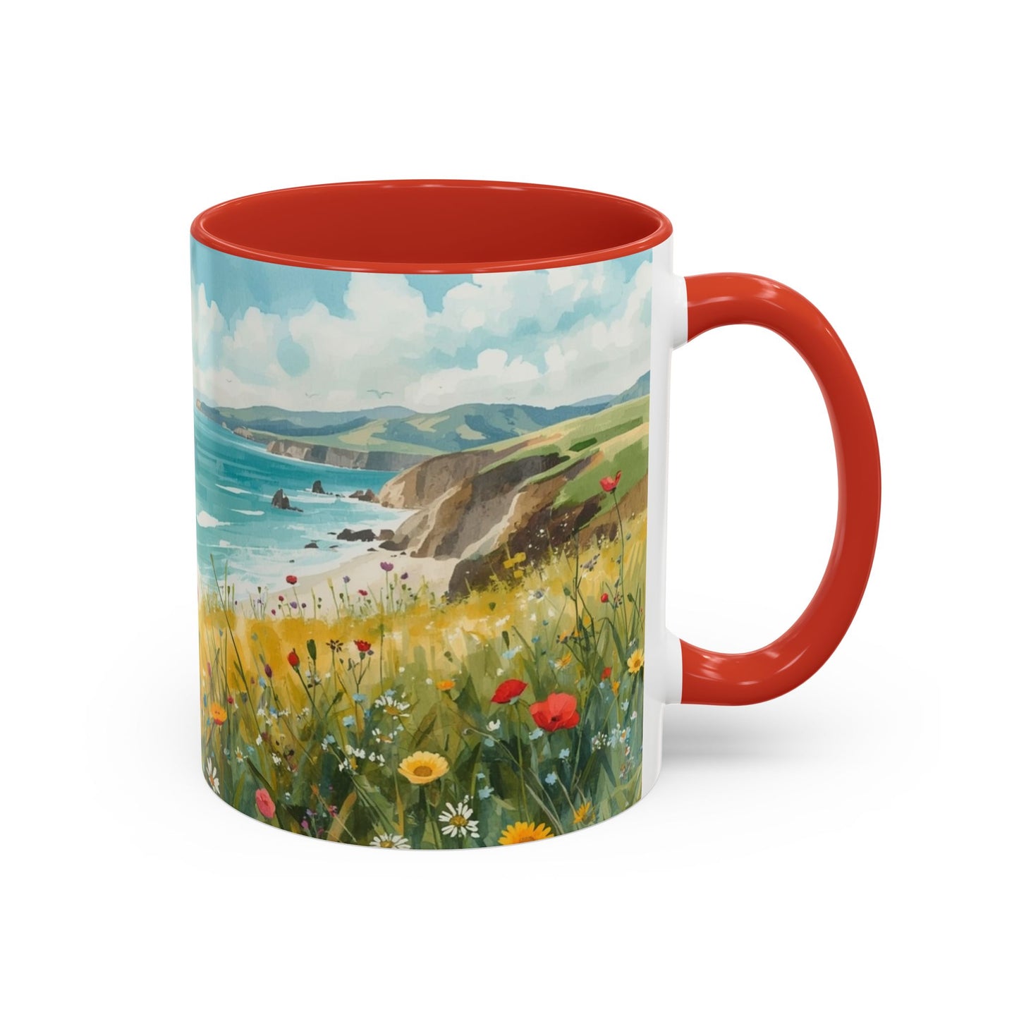Mug with scenic landscape design featuring a coastal view and flowers.
