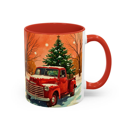 Mug with a red truck and Christmas tree design on a white background
