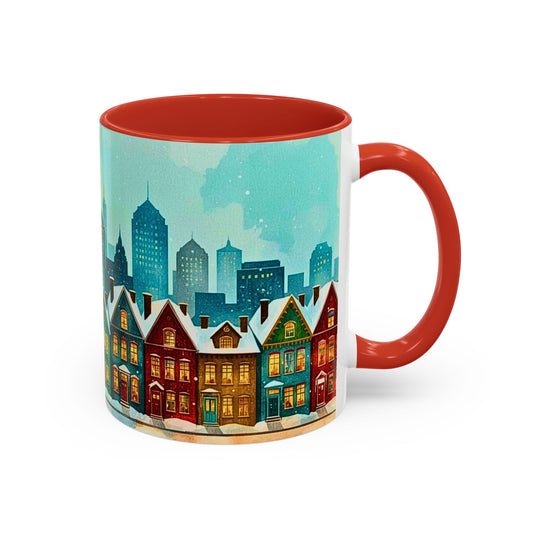 Mug with a winter cityscape design on a white background