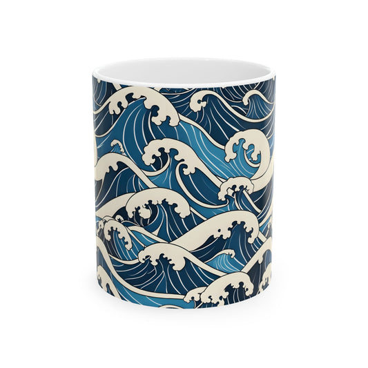 Seaside mugs with Hokusai-inspired wave pattern on a white background