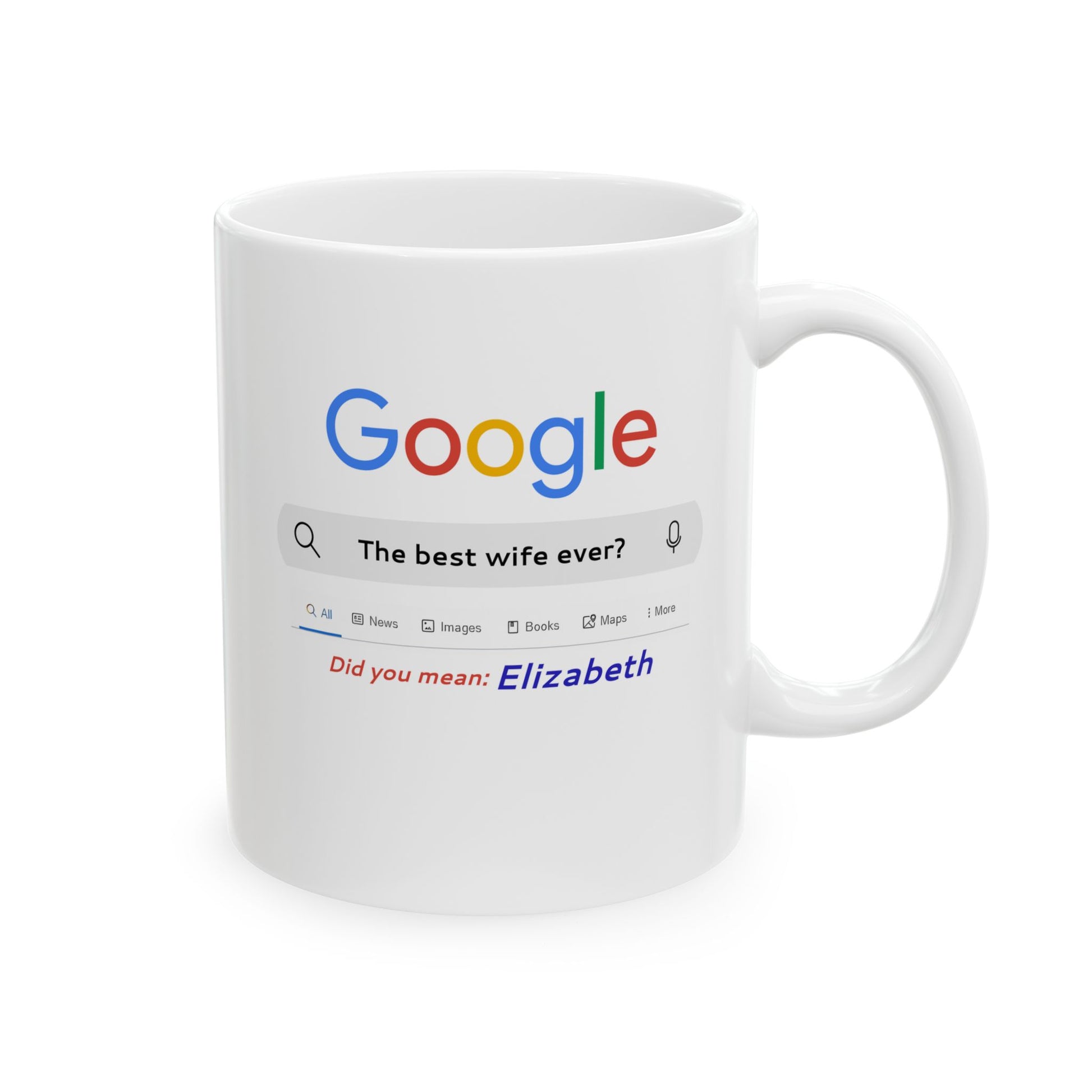 White mug with a Google search-themed design on a white background