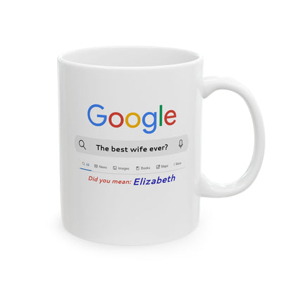 White mug with a Google search-themed design on a white background