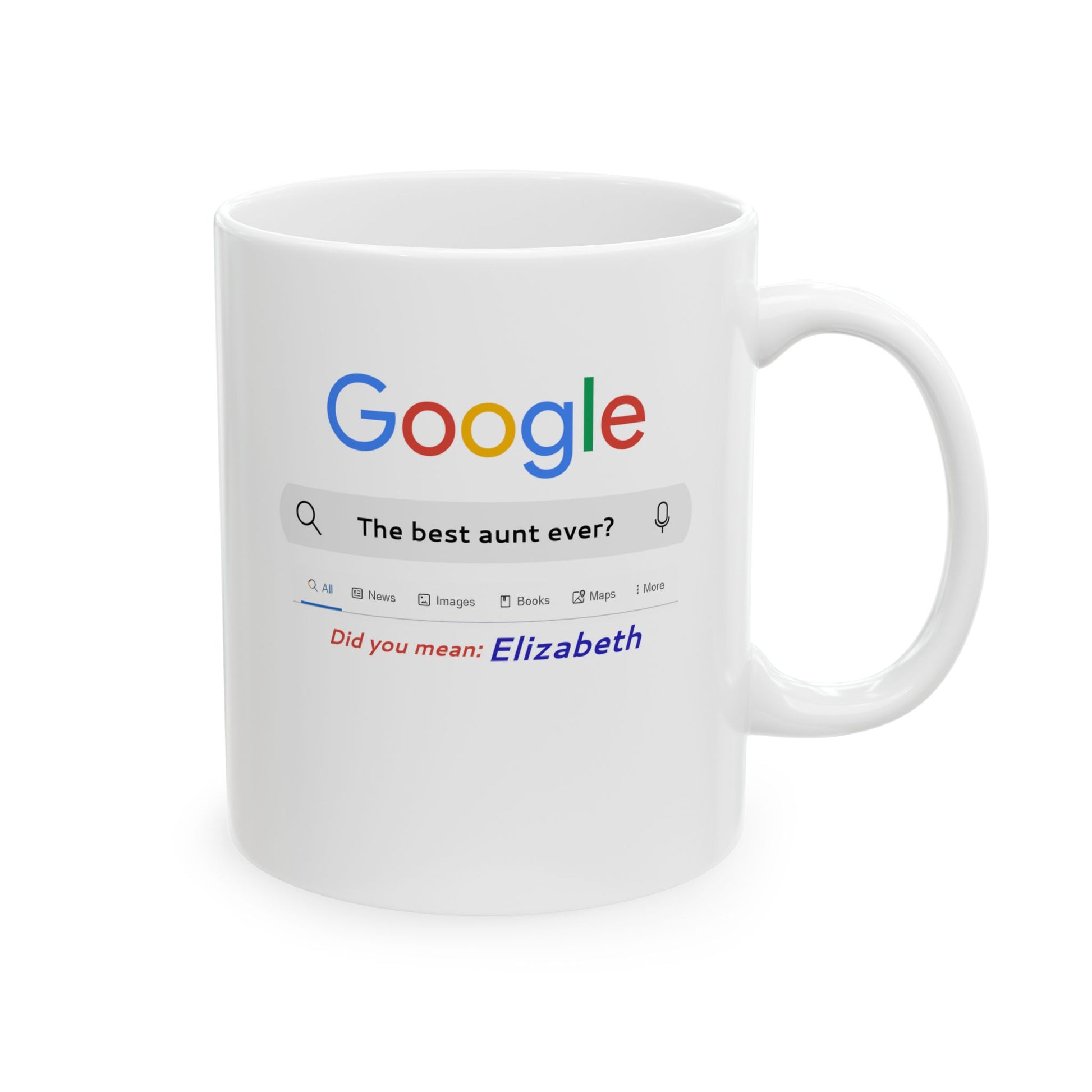 White mug with a design of Google search bar asking 'The best aunt ever?'