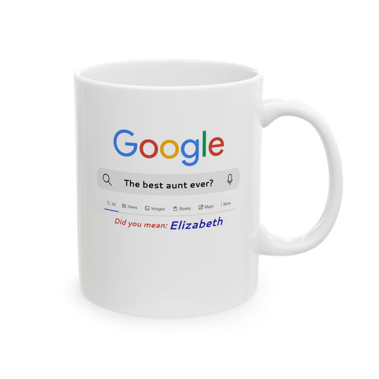 White mug with a design of Google search bar asking 'The best aunt ever?'