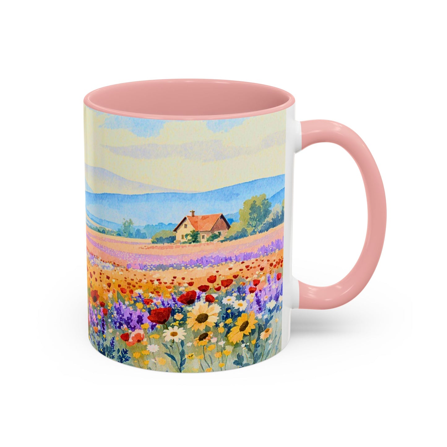 Mug with a colorful landscape design featuring flowers and a house.