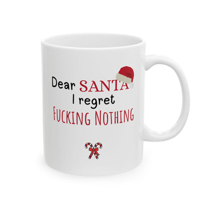 White mug with humorous Christmas text design on a white background