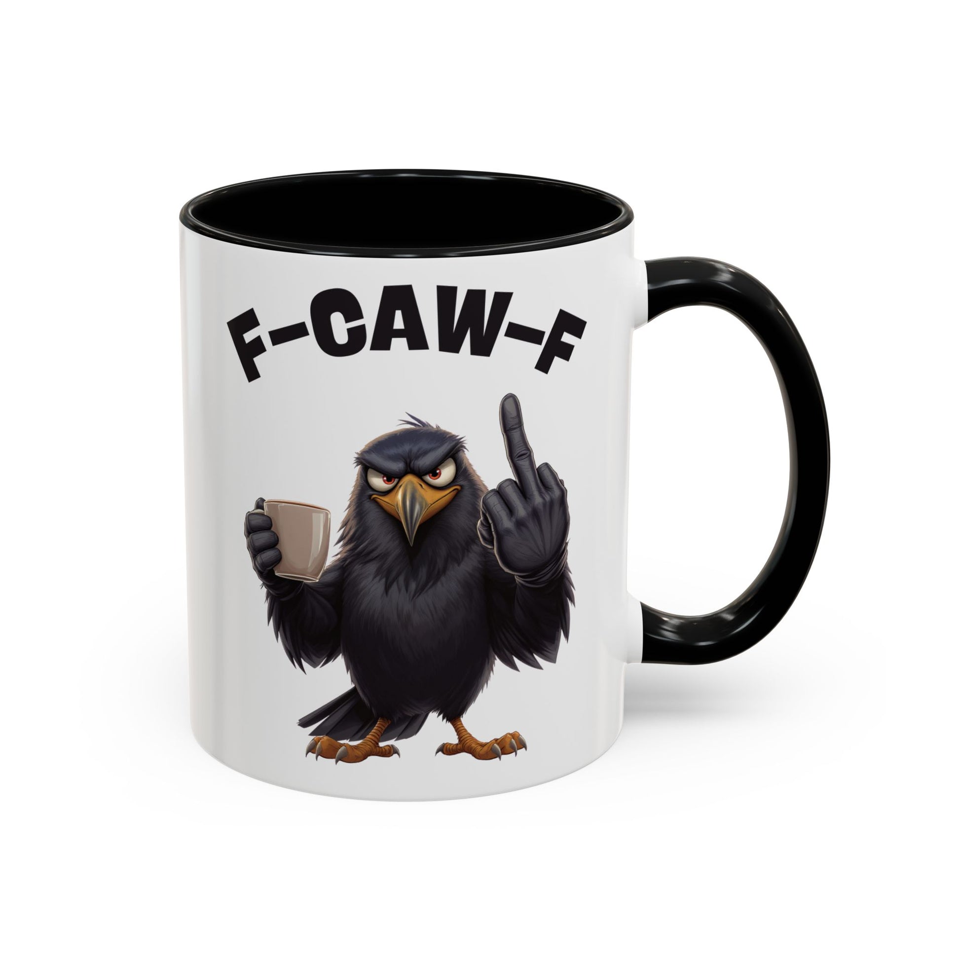 Mug with an eagle design and text 'F-CAW-F' on a white background