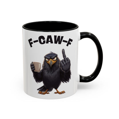 Mug with an eagle design and text 'F-CAW-F' on a white background