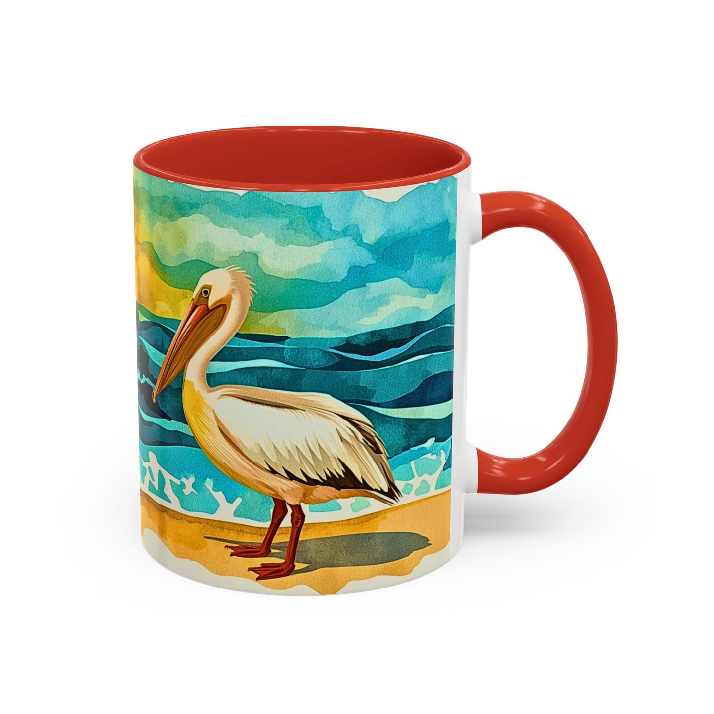 Mug with a pelican design on a colorful background
