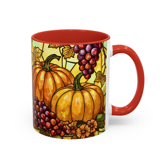 Mug with autumn design featuring pumpkins and grapes on a white background