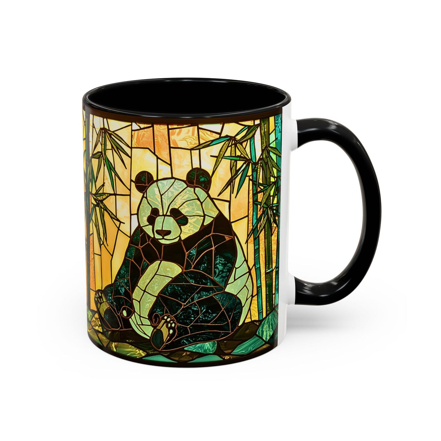 Mug with a panda design in stained glass style on a white background