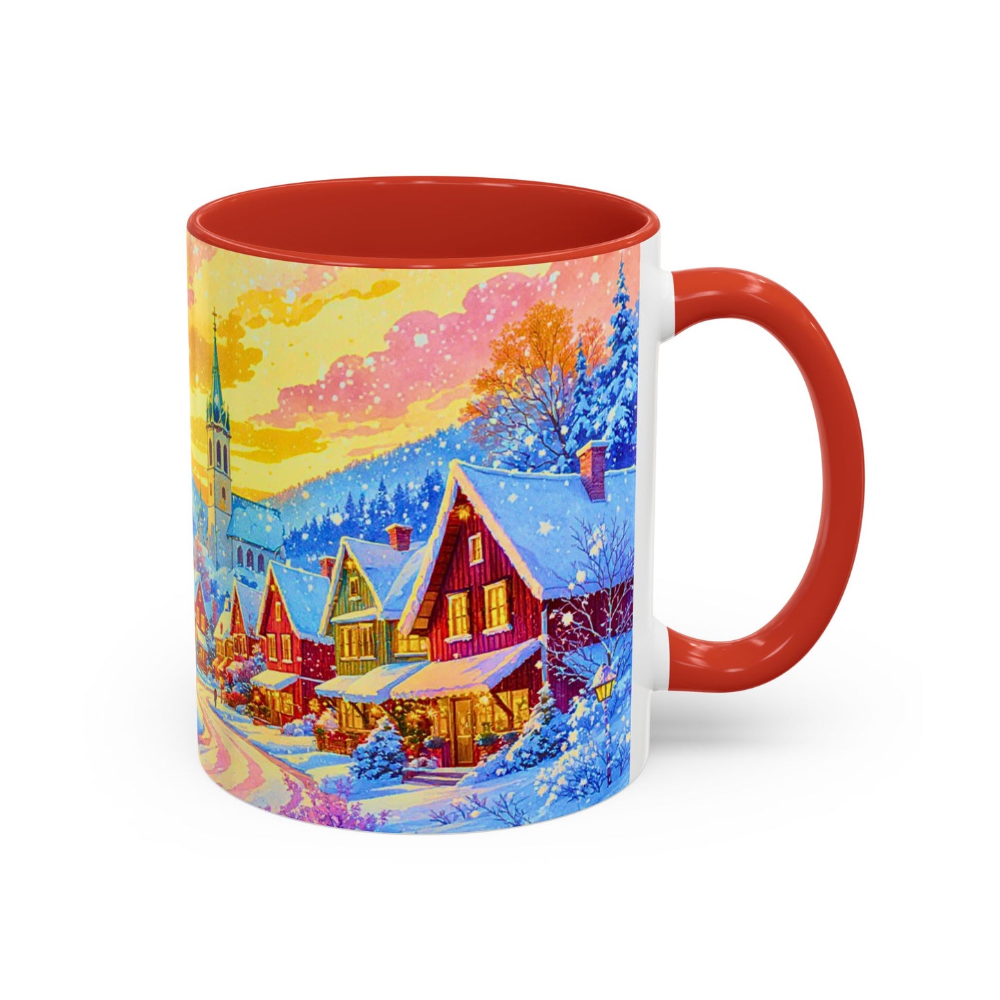 Mug with a winter village scene and red interior and handle on a white background