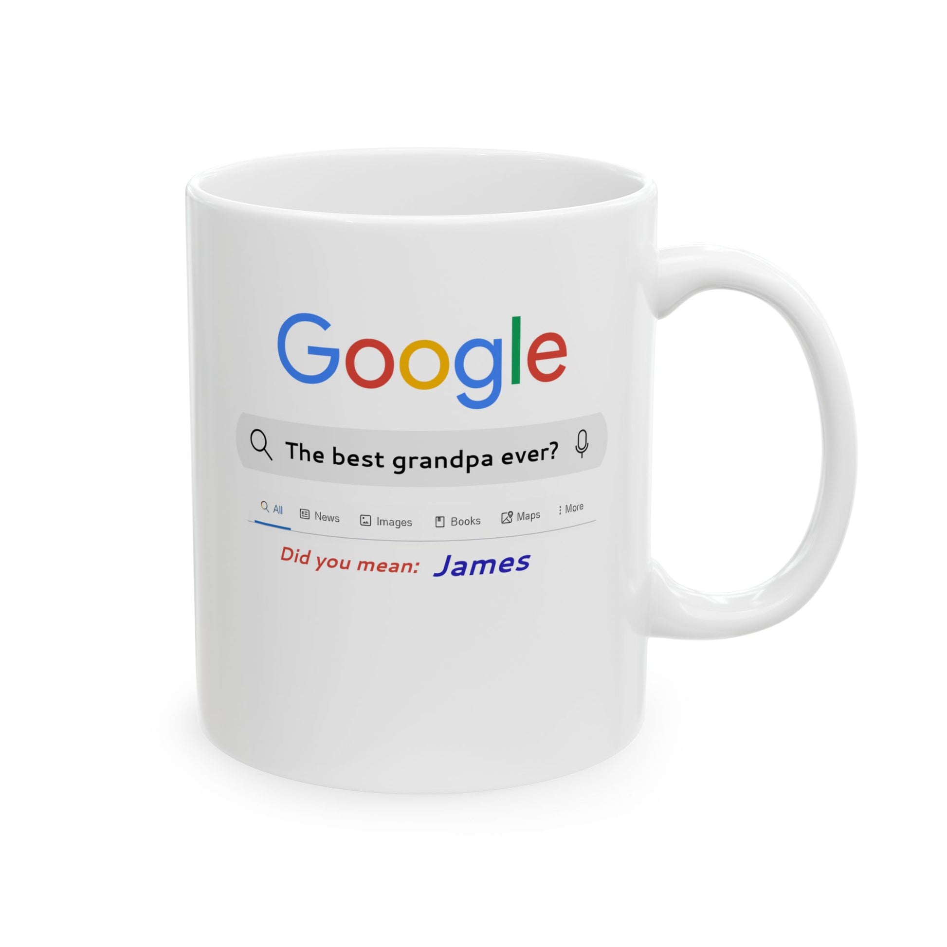 White mug with a Google search-themed design on a white background